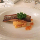 Foto zu Schloss Romrod: Zwischengericht - Gebratenes Filet vom Elsässer Saibling auf Krebsschwanz Brandade mit Erbsen-Gin Coulis